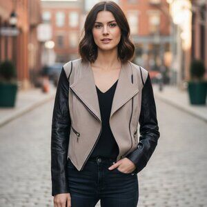 254. XOXO Women’s Leather Jacket | Tan & Black Colorblock | Zip Front